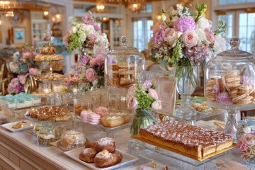 Exquisite Variety of Pastries and Floral Arrangements in Elegant Setting for a Celebratory Event or Special Occasion