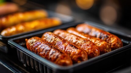 Sausages are cooked and arranged in black trays ready for people to enjoy at a gathering. The warm evening light adds to the setting for outdoor dining.