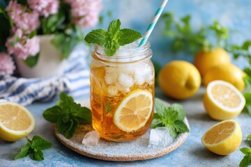 Fototapeta premium Refreshing Lemonade in a Jar with Fresh Mint and Ice on a Blue Background, Surrounded by Lemon Halves and a Floral Arrangement in Soft Focus