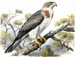 Highly detailed illustration of a hawk standing on a textured tree branch, showing sharp talons, patterned feathers, and surrounding soft woodland foliage.