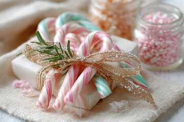 Festive Candy Canes Decorated with Ribbon and Greenery on a Rustic Background for Holiday Celebration and Gift Giving