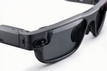 Close-up of Black Smart Glasses with Camera and Dark Lenses