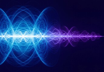 Vibrant blue and purple abstract background illustrating complex energy fields, resonant frequencies, and interlocking vibrational wave patterns, sound, background, interaction