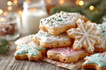 Festive Christmas Cookies Arranged Decoratively with Colorful Icing and Sprinkles, Perfect for Holiday Celebrations and Gatherings with Family and Friends