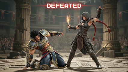 Arena showdown: warrior's triumph after vanquishing opponent in battle of skills and honor