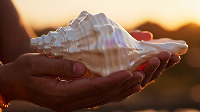 Hands holding a large conch shell at sunset photography