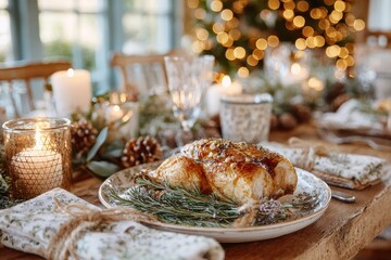 Festive Dinner Table with Roasted Chicken Surrounded by Holiday Decor, Candles, and Warm Ambiance for Celebrating Togetherness and Joyful Moments