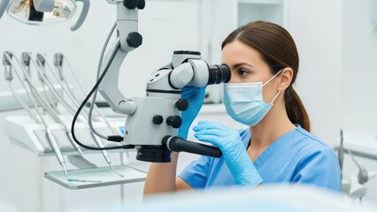 Focused dental professional using a microscope for precision examination in a clinic setting