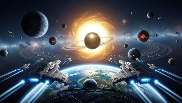 Epic interstellar voyage: A fleet of starships heads into a cosmic nebula spectacle - Powered by Adobe