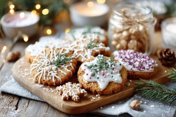 Festive Holiday Cookies Decorated with Icing, Sprinkles, and Fresh Herbs on a Wooden Board Surrounded by Warm Lights and Natural Elements