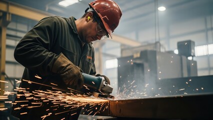 Metalworker grinding steel in a factory, sparks flying from intense industrial work
