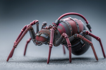 Mechanical spider with red and black metal body on gray surface