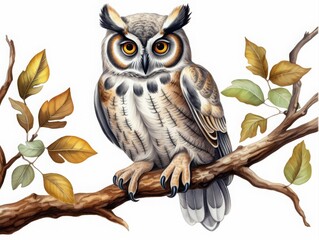 Detailed watercolor illustration of an owl with vivid eyes resting on a tree branch surrounded by autumn leaves, perfect for nature and wildlife themes.
