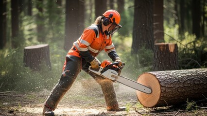 Professional lumberjack skillfully felling trees with precision and safety gear amidst the