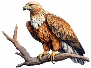 Detailed artistic illustration of a powerful eagle resting on a tree branch, showcasing bold feathers and strong raptor features for wildlife themes.