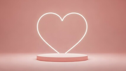 Glowing Neon Heart Outline Behind Minimal Round Podium, Valentine's Day Product Display Mockup on Pastel Pink Background