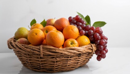 Rustic Basket Filled with Mixed Seasonal Fruits on White Background