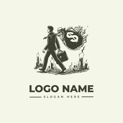 Naklejka premium A man in a business suit walks through flames holding a briefcase with a logo and illustration of a burning dollar sign beside him on a plain background.