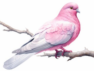 Vibrant watercolor artwork of a pink pigeon perched on a branch, showcasing delicate feathers and soft tones for nature and artistic themes.