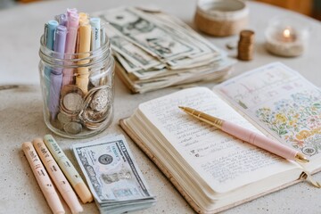 Cozy workspace featuring organized stationery supplies, a collection of banknotes, artistic notes in a journal, and a serene atmosphere for creative inspiration