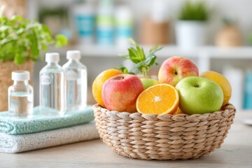 Fresh and Colorful Fruit Arrangement in a Natural Basket with Orange, Apples, and Decor in a Bright and Inviting Kitchen Setting