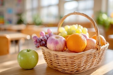 Fresh and Colorful Fruit Basket Displayed on a Wooden Table in a Bright Classroom with Sunlight Illuminating the Cheerful Ambiance