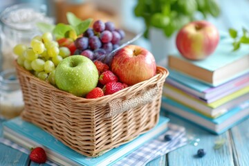 Fresh and Colorful Fruit Basket with Apples, Grapes, Strawberries, and Green Grapes on Stacked Books with Mint Leaves in a Bright and Cozy Setting