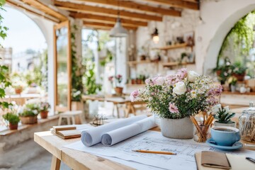 Fototapeta premium Cozy Workspace in a Bright, Serene Environment with Beautiful Flowers and Architectural Plans on the Table, Perfect for Creative Inspiration and Design Projects