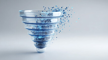 Blue glass funnel processing particles for data analysis and sales conversion concept