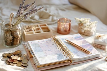 Cozy Workspace with a Planner, Decorative Elements, and Coins on a Soft Fabric Surface - Perfect for Home Office Inspiration and Productivity Themes