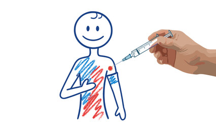 Depiction of a smiling stick figure receiving a vaccine, underscoring the importance of preventative medicine and public health initiatives for immunization and well-being