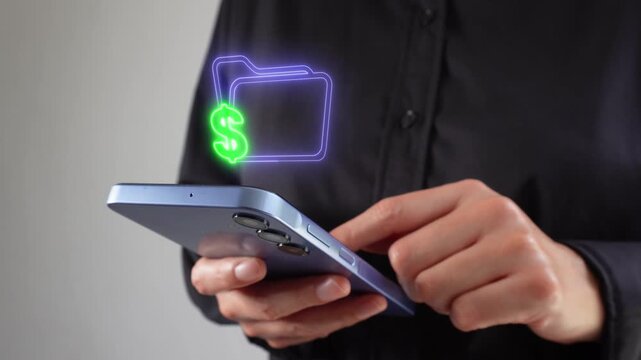 Financial file management. Businesswoman holding a smartphone with a virtual folder icon and a money symbol.