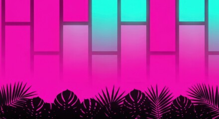 Neon backdrop featuring pink & teal rectangles over silhouettes of tropical plants