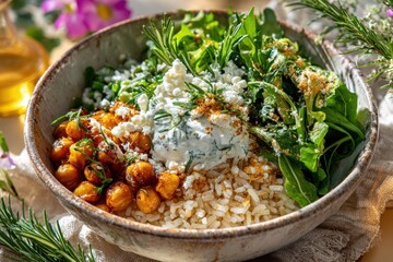 Fresh and Healthy Veggie Bowl with Rice, Chickpeas, Greens, Yogurt, and Herbs Perfect for a Nutritious Meal or a Colorful Food Presentation