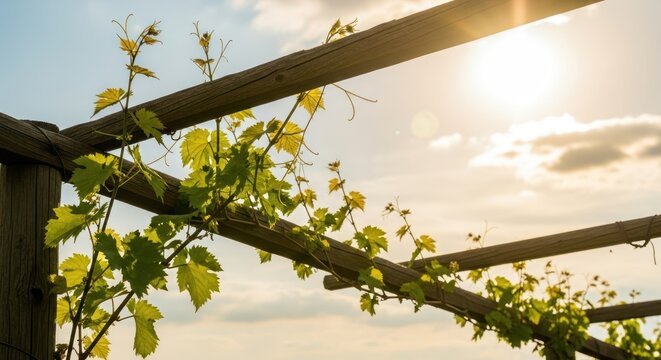 Grapevines climb a wooden pergola with sunlight streaming through the leaves against a blue sky
