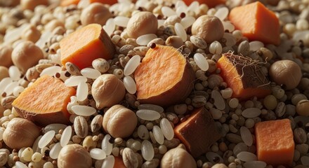 Close-up of a mixture of cooked chickpeas, grains, rice, and diced orange sweet potato