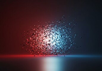 Conceptual breakdown of a rigid shape, fragments scattering into a luminous void, illustrating dissolution and structural decay, particles, rupture, empty