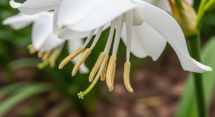 Obraz premium Close-up showcases pristine white flowers with delicate petals and prominent yellow stamens. Green stems and leaves provide a natural backdrop, emphasizing the floral details. 