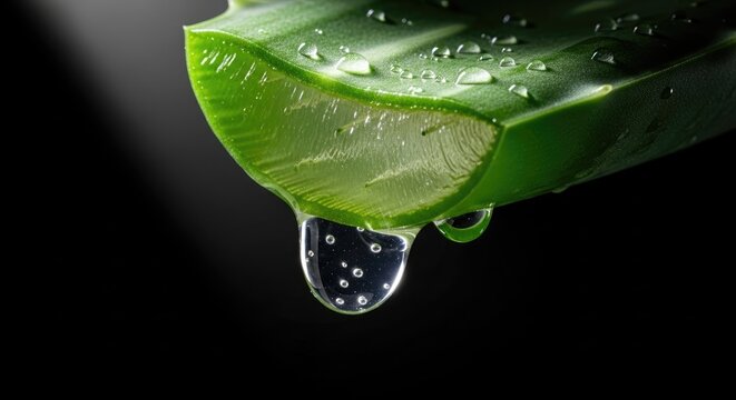 Fresh green aloe vera leaf with glistening water drops and clear gel on a dark background