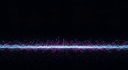 Dynamic abstract digital visualization showing flowing sound waves or data frequency on a dark, futuristic backdrop, luminous, electric, design