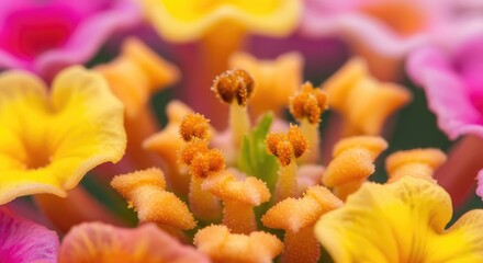Fototapeta premium A vibrant close-up captures a cluster of tiny, multi-colored flowers, showcasing intricate details of petals, stamens, and textures, creating a striking macro view of nature's beauty
