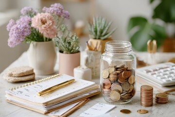A cozy workspace featuring a glass jar filled with coins, surrounded by potted plants, a notepad, and a golden pen, all set on a marble table with a warm ambiance.