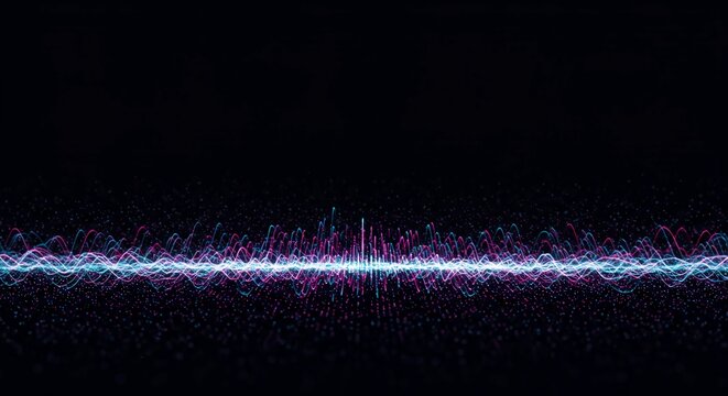 Dynamic abstract digital visualization showing flowing sound waves or data frequency on a dark, futuristic backdrop, luminous, electric, design - Powered by Adobe