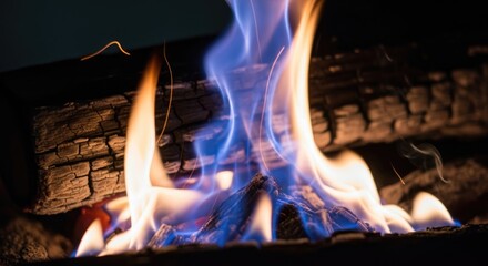 Close-up of burning wood embers and vibrant flames. Blue and orange hues dance above charred logs, illuminated by soft light. Sparks drift from the intense heat, creating a mesmerizing scene