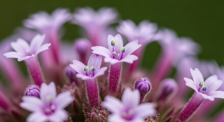 Macro shot highlights delicate, vibrant pink flowers clustered together. Petals extend outward from thin, fuzzy stems. Green pistils and buds peek through a dark green blurred background