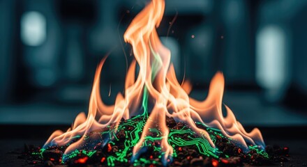 Flaming circuit board. Vivid flames dance above a burning computer motherboard, showcasing glowing green circuitry. Smoke trails against a blurred background of tech equipment