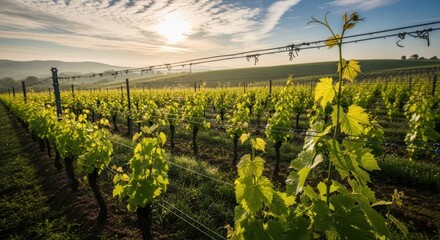 Vineyard at sunrise with lush green vines, rows, & rolling hills under a partly cloudy sky