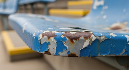 Close-up of a weathered, blue stadium seat with peeling paint, showing rust and age. Other colored seating and concrete steps are visible in the blurred background