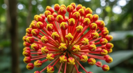 A close-up showcases a unique, vibrant bloom with red stems and yellow stamen heads, set against a blurred green forest backdrop. The intricate detail of the flower is captivating