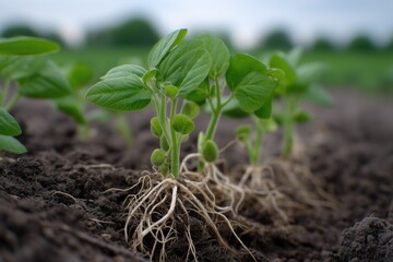Young plants with roots come out of the ground. The sun makes the green things grow on the farm. Farming, gardening, new life and nature. Food, harvest.